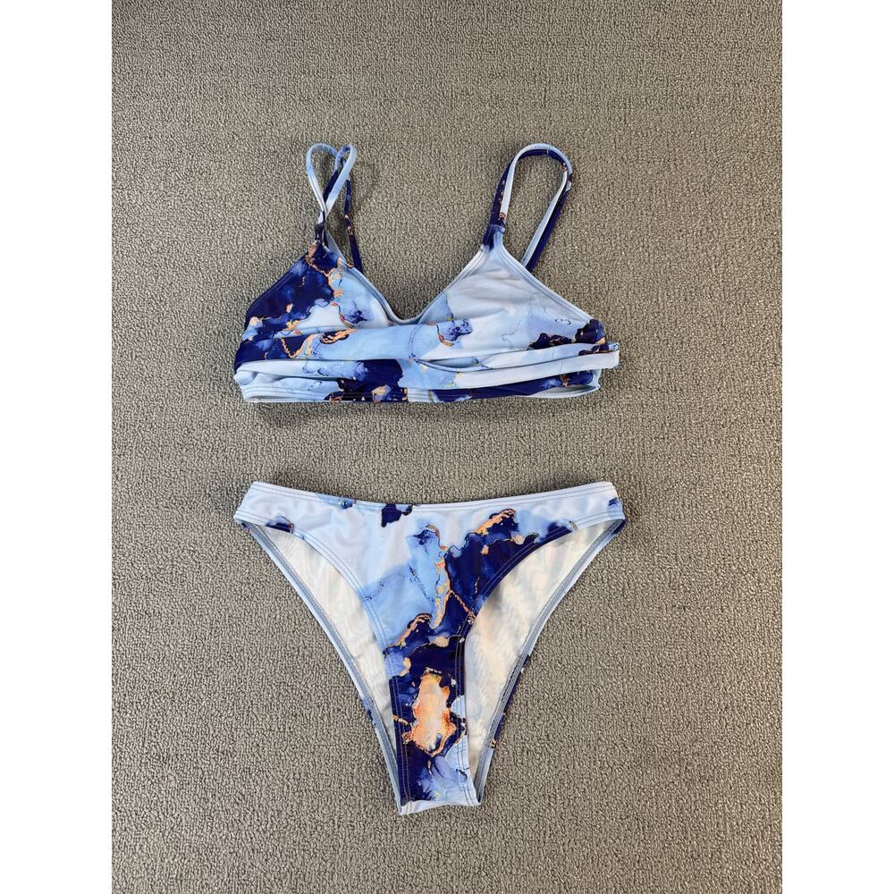 Bikini‎ Swimsuit Set Marbled Blue Cheeky Vacation Beach Size Small